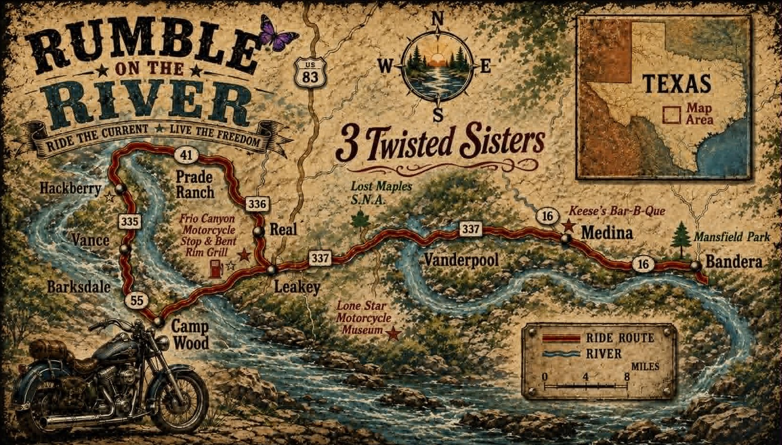 3 Twisted Sisters guided ride, motorcycle ride twisted sisters, hill country sister ride, guided motorcycle ride, bandera rally riding